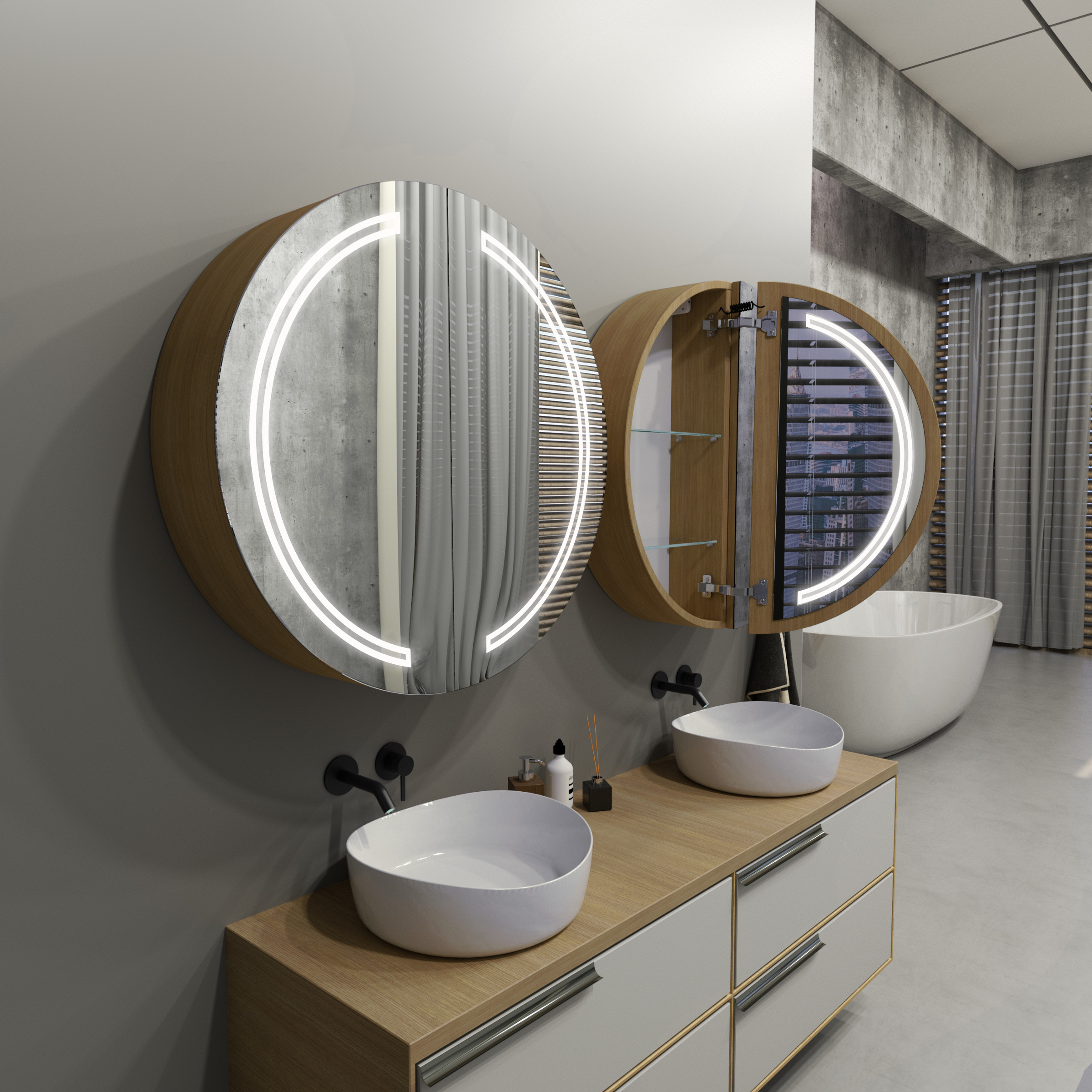 Fortuna: Armario de baño redondo iluminado con espejo - Alasta